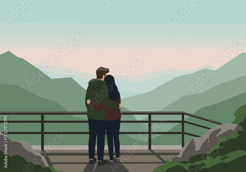 Couple enjoying scenic view mountain overlook digital nature romantic atmosphere