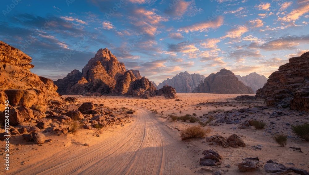 Naklejka premium Majestic desert scene at sunrise, road leading to towering rock formations. Golden light fills the sky
