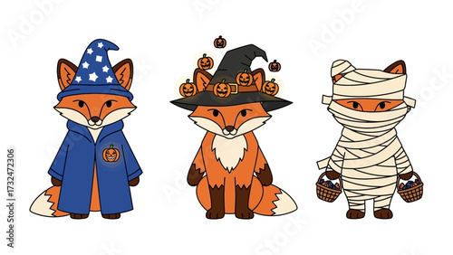 Whimsical Halloween Foxes: Playful foxes, dressed in magical costumes, evoke the spirit of Halloween through a delightful illustration of the season.