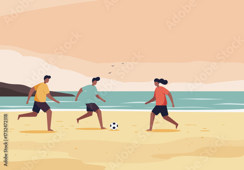 Beach soccer match among friends seaside digital relaxed atmosphere dynamic perspective fun activity