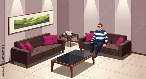Cozy Living Room Man Relaxing on Sofa in Stylish Interior