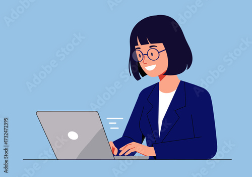 Business professional working on laptop office digital modern environment front view productivity concept