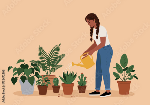 Gardening activity woman watering indoor plants home environment digital cozy atmosphere