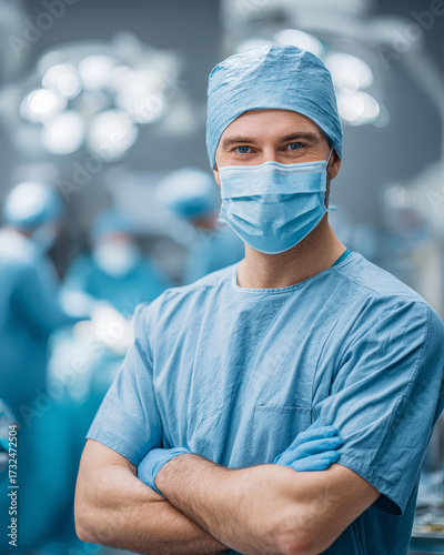 Portrait of surgeon in scrubs and mask inside hospital operating room