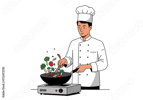 Cooking action with vegetables by a chef in a kitchen setting culinary professional kitchen dynamic perspective