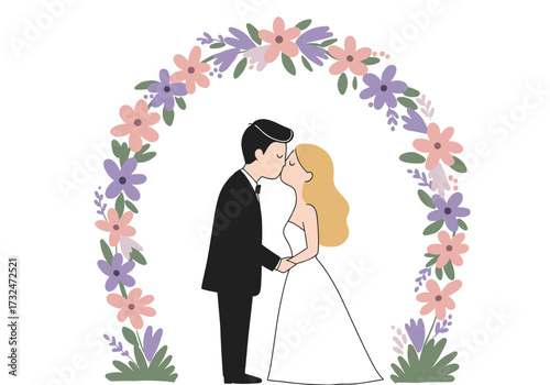 Wedding kiss celebration romantic venue floral background view love concept