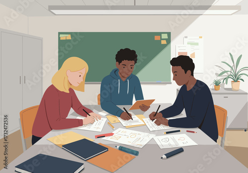 Collaborative study session classroom educational content bright environment overhead view teamwork concept