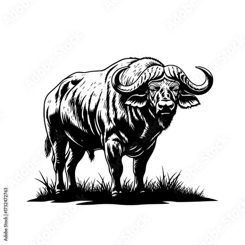 Vector art of majestic african buffalo standing in profile, showcasing powerful build and curved horns