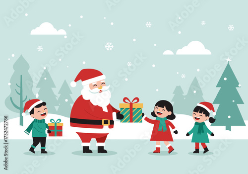 Santa claus distributing gifts to children winter wonderland snowy environment whimsical viewpoint