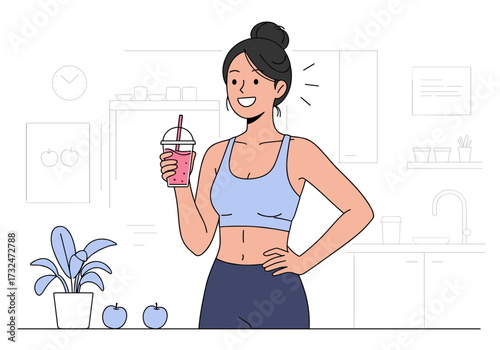 Fitness enthusiast enjoying healthy drink in kitchen lifestyle bright and cheerful environment