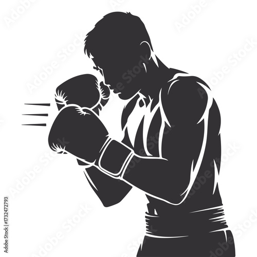 Boxer silhouette in strong guard stance with raised gloves vector