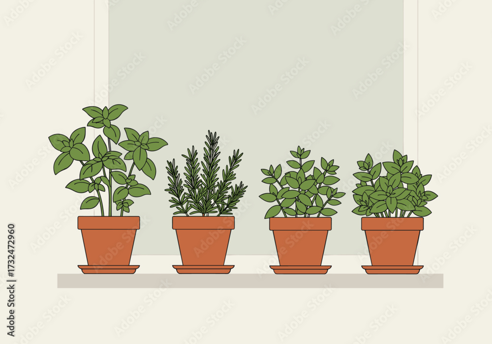 Fototapeta premium Growing fresh herbs in terracotta pots on a window sill indoor gardening modern home environment view
