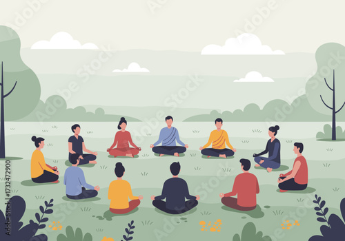 Meditation session outdoors group of people digital serene environment aerial view mindfulness practice