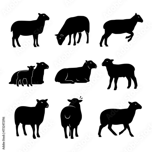 Vector art of black sheep silhouettes in various poses and angles