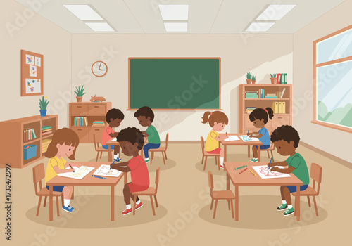 Creative learning activities in a colorful classroom engaging children educational environment cozy viewpoint