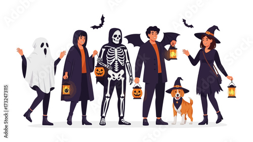 Halloween Costume Parade: A cheerful collection of individuals and a dog in costumes, ready for trick-or-treating, standing in a row, lanterns in hand. Vivid and joyful illustration