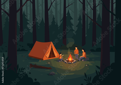 Campfire gathering forest outdoor nighttime nature adventure
