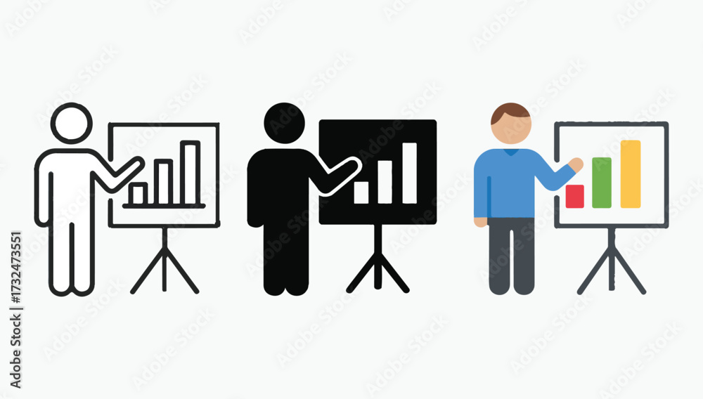 Fototapeta premium Flat Vector Business Presentation Illustration, Corporate Meeting and Presentation Vector Design, Businessperson Presenting Growth Charts Vector Art, Professional Presentation with Graphs Vector