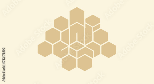 Beige hexagons combined, with cubist style central shapes on a cream background