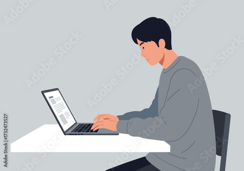 Typing action by a young man in a minimalist workspace digital content creation calm environment side view