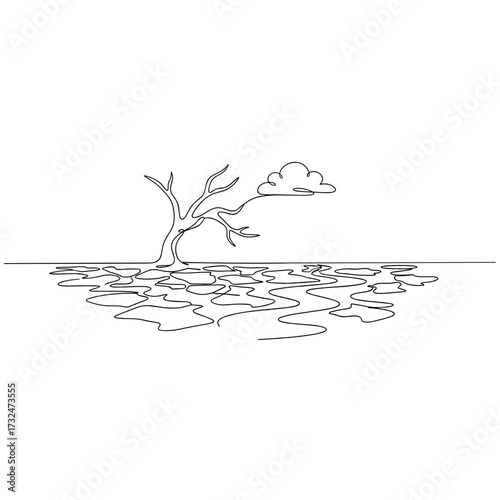Parched cracked earth landscape, designed in minimalist black ink on a transparent background, representing climate drought, agriculture risk and environmental reportage