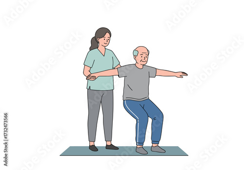 Assisted standing exercise for seniors rehabilitation center indoor setting front view health and wellness