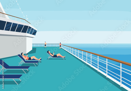 Relaxing passengers enjoying sun on a cruise ship deck ocean view digital tranquil environment