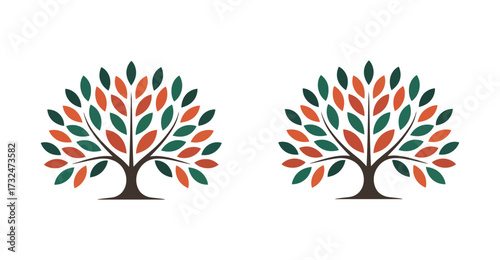 Symmetrical twin trees with red, orange, and green leaves on white background, ideal for nature, seasonal, and decorative design themes