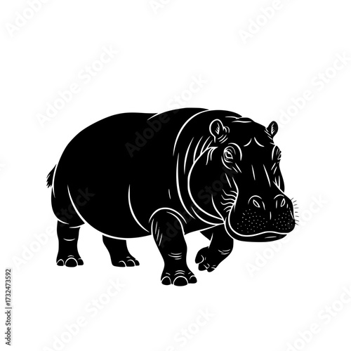 Vector art of black silhouette of hippopotamus standing