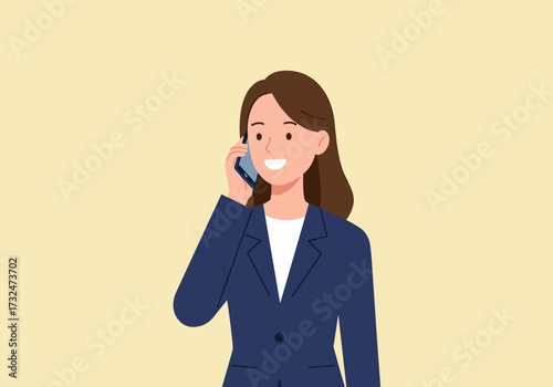 Businesswoman engaging on smartphone modern office digital communication professional environment optimistic outlook