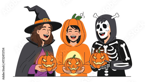 Halloween Joy: A trio of friends, embodying the festive spirit of Halloween, dressed in charming costumes and gleefully holding carved pumpkins, ready for a night of spooky fun.