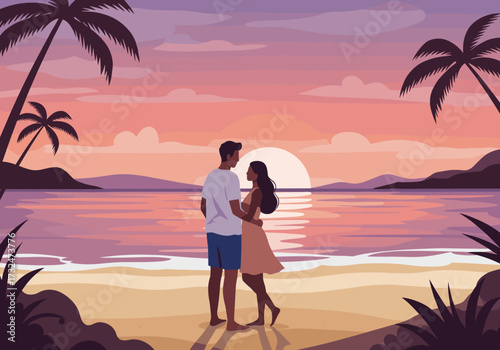 Romantic sunset embrace tropical beach serene environment couple viewpoint love concept