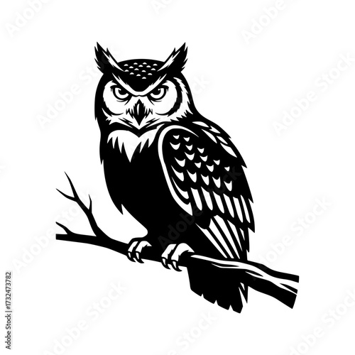 Vector art of black and white owl illustration perched on branch with detailed feathers and intense gaze