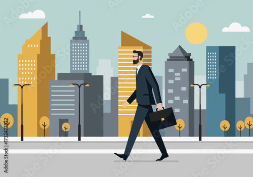 Businessman walking through city streets urban environment digital optimistic viewpoint