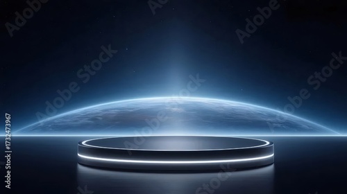 円形プラットフォームと宇宙背景の青い輝き