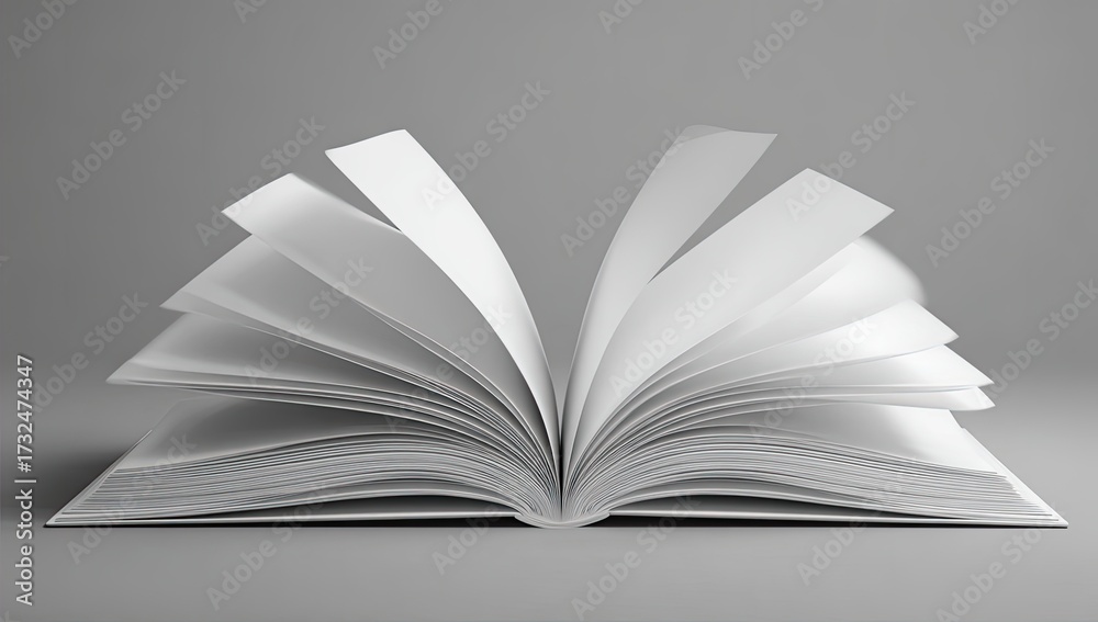 Obraz premium Open book with pages fanned out, grayscale, studio shot. Focus on clean paper