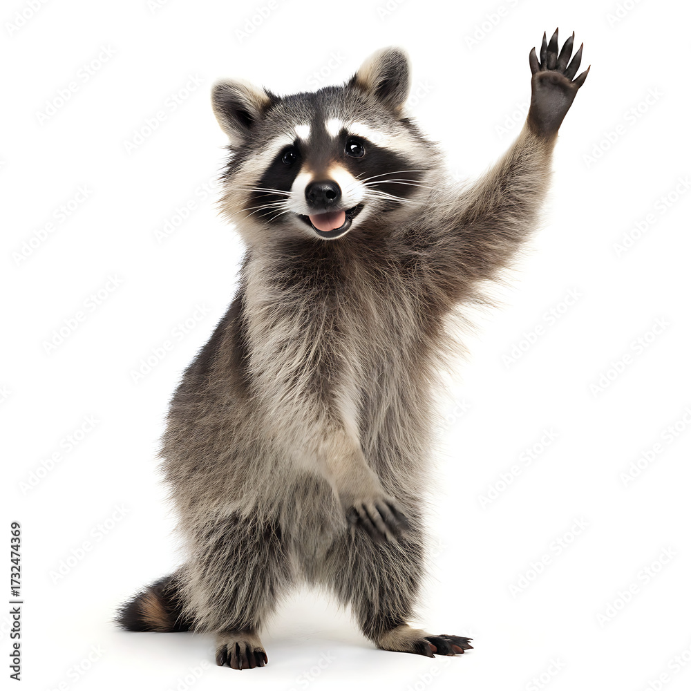Obraz premium A raccoon standing on its hind legs with one paw raised against a plain white studio background view
