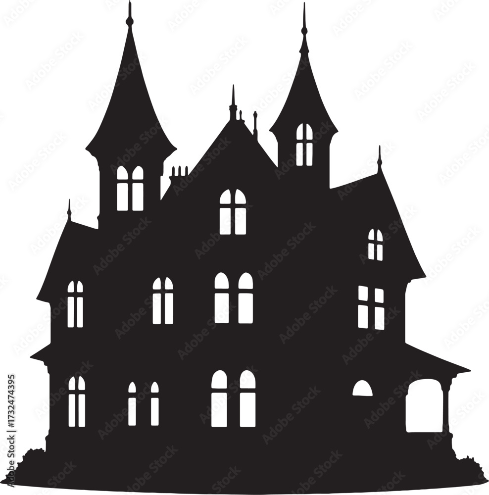 Obraz premium Gothic Mansion Silhouette with Towers and Porch