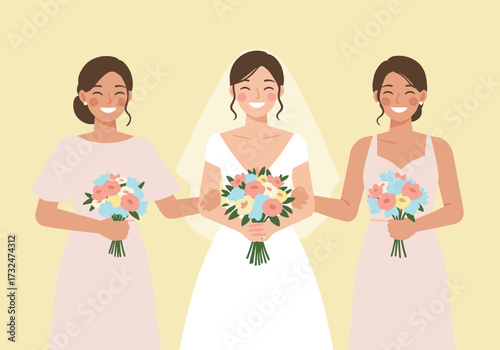 Joyful wedding celebration bride and bridesmaids outdoor setting illustrative bright atmosphere cheerful mood