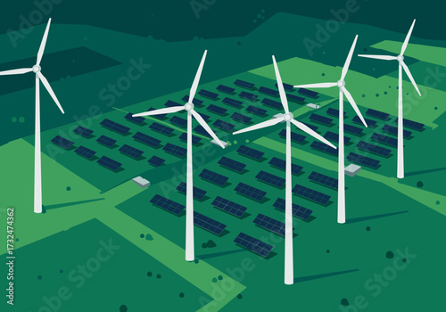 Renewable energy development wind farm industrial site green environment aerial view sustainability focus