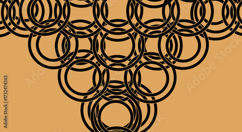 Interlocking black circles form a descending pattern on brown