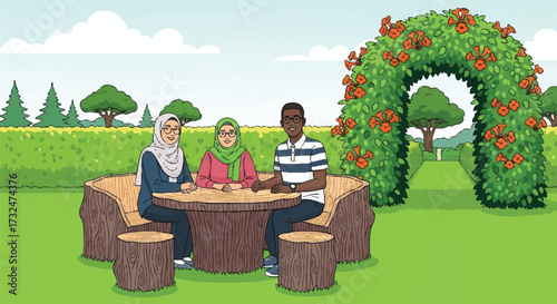 Diverse Group Enjoying Outdoor Seating in a Garden