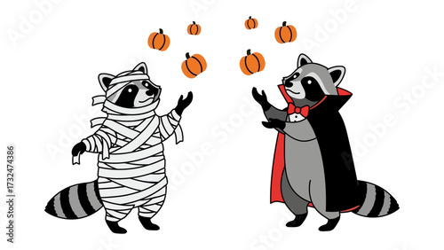 Halloween Raccoons and Pumpkins: Playful raccoons dressed in festive Halloween costumes, one as a mummy and the other as a vampire, playfully juggling vibrant orange pumpkins.