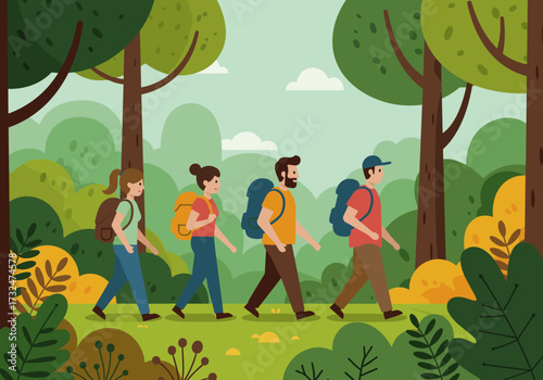 Group of hikers trekking through lush forest nature scene outdoor adventure vibrant environment