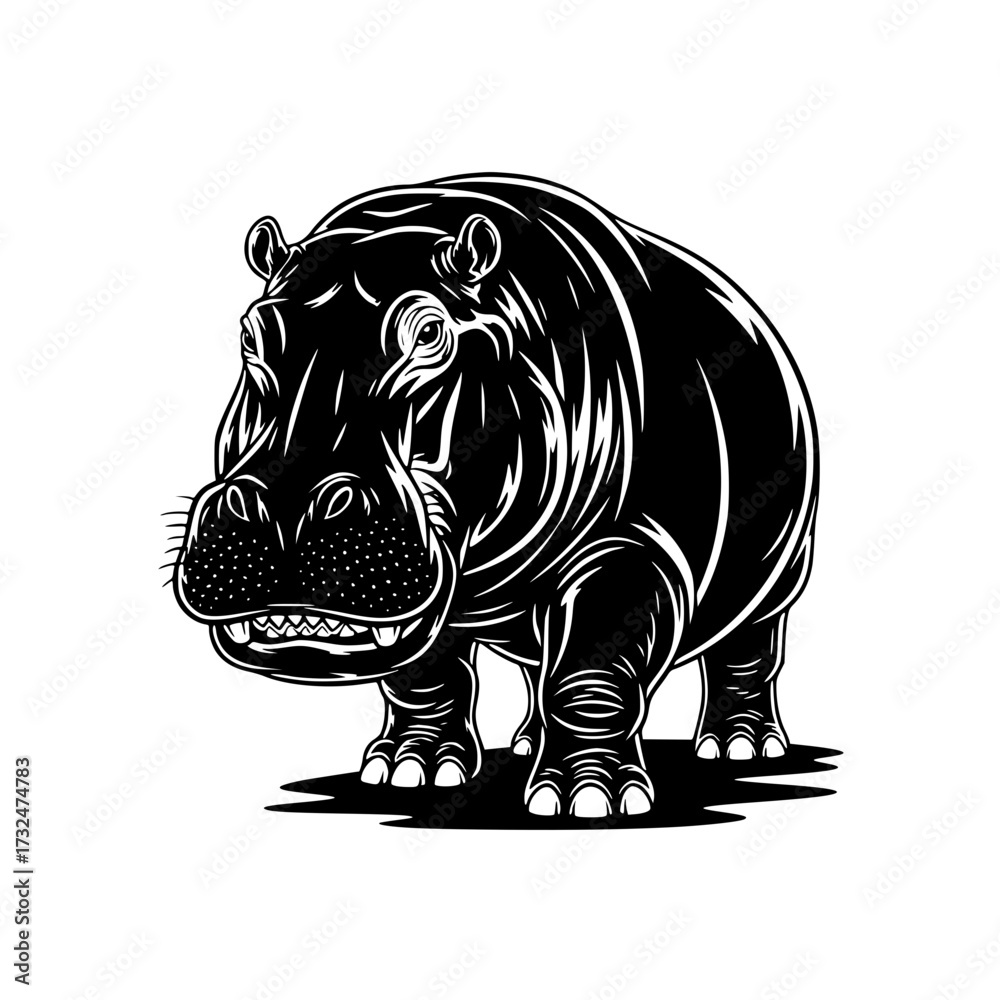 Fototapeta premium Vector art of black and white illustration of a hippopotamus standing