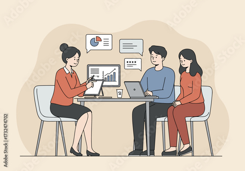 Business meeting discussion on data analysis office setting digital collaborative environment informative perspective