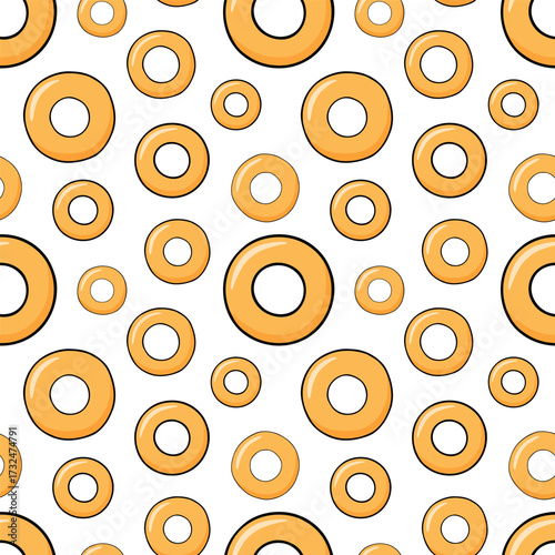 Round pretzels, buns, seamless pattern, vector illustration. Sweet pastries. Doodle style.