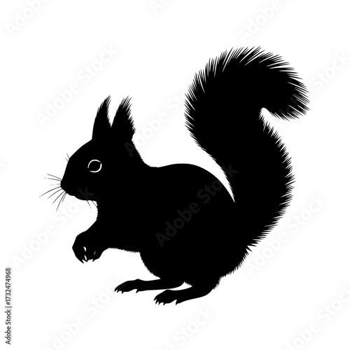 Vector art of black silhouette of squirrel, side view with bushy tail