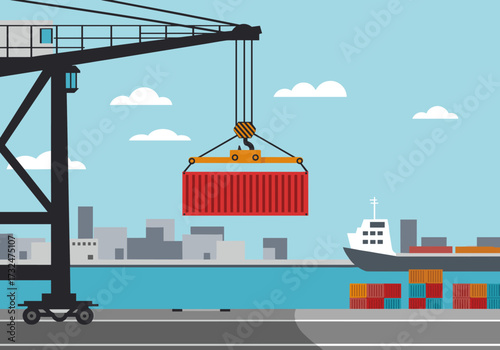 Loading cargo containers at a maritime industry digital urban environment wide view logistics concept