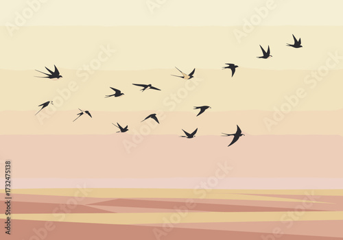 Flock of swallows in flight against a soft sunset sky nature scene tranquil environment aerial view serene concept